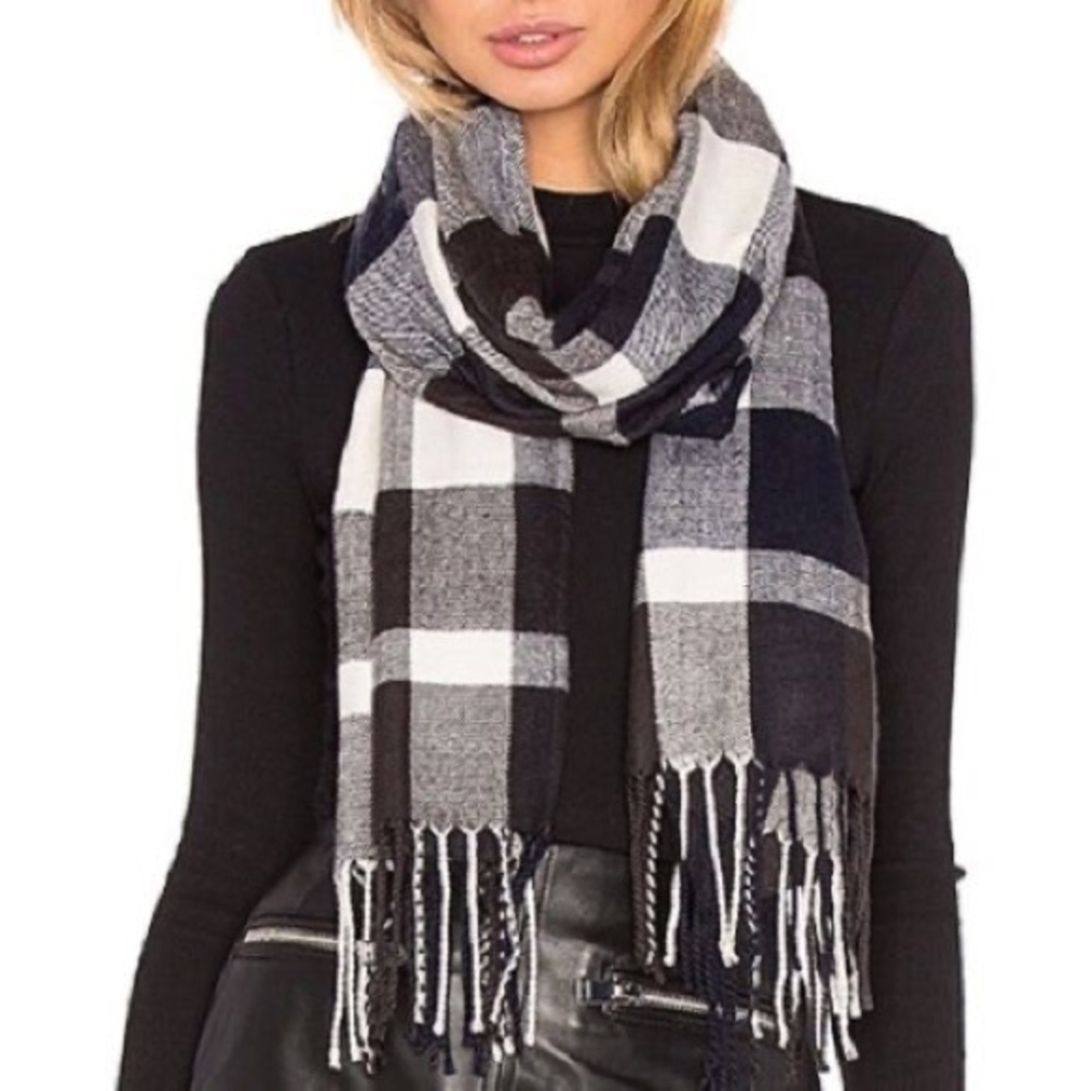 Plush Navy Blue and White Ultra Soft Plaid Scarf
